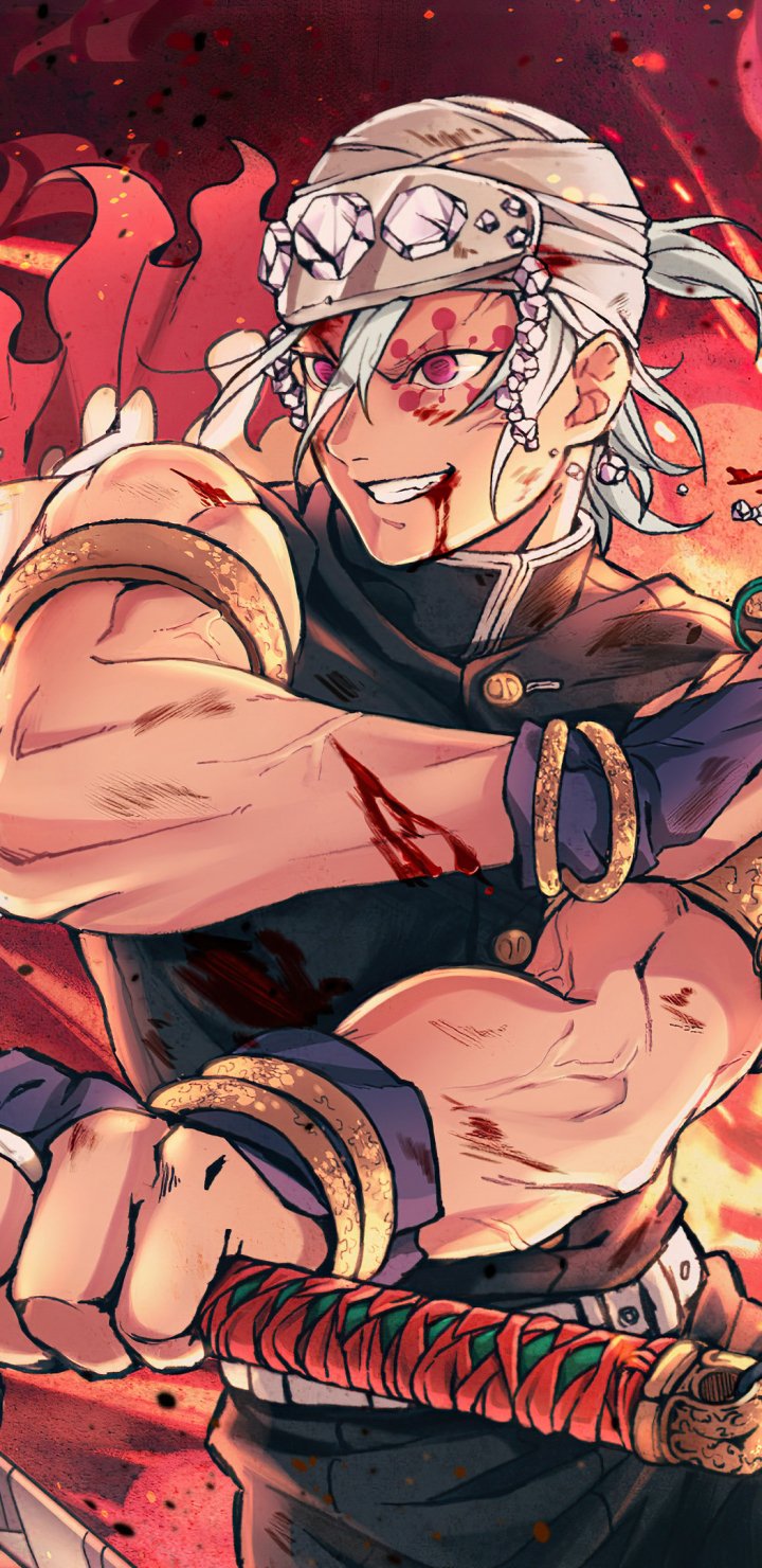 Phone wallpaper of Tengen Uzui (Demon Slayer: Kimetsu no Yaiba) — muscular Sound Hashira with jeweled headband, dual chained blades, blood-streaked and grinning against a fiery red backdrop.