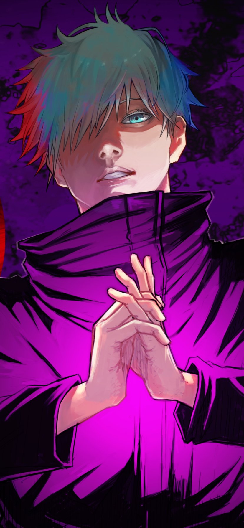 Anime phone wallpaper of Satoru Gojo from Jujutsu Kaisen, featuring him in a school uniform with glowing blue eyes against a dark purple background.