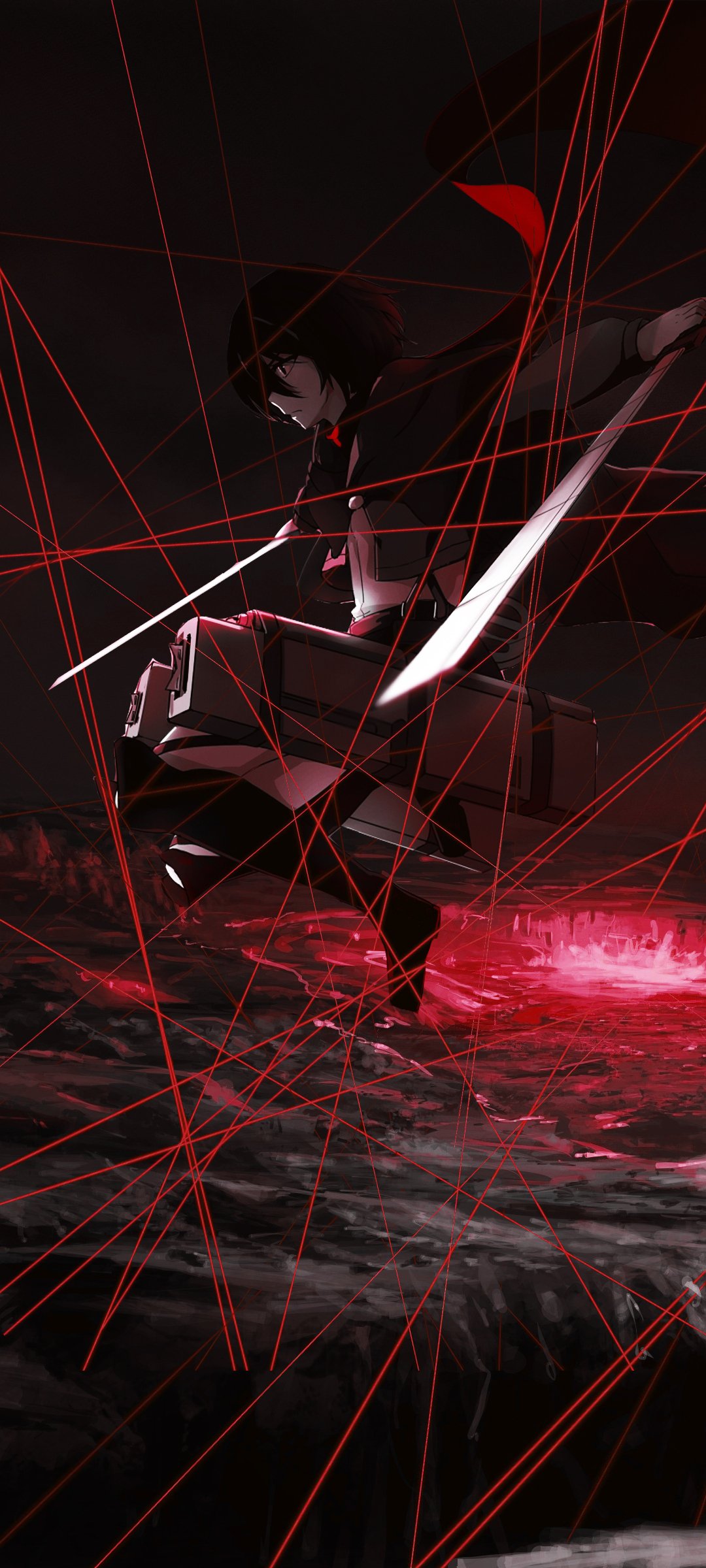 Phone wallpaper featuring Mikasa Ackerman from Attack on Titan in dynamic action pose with red threads and dark, intense background for iPhone and Android.