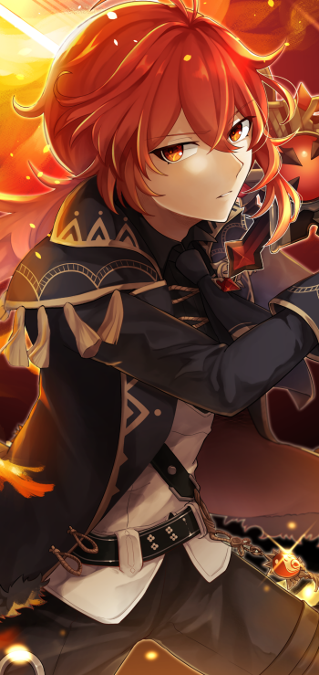 Phone wallpaper featuring Diluc from Genshin Impact with fiery orange tones and detailed character art, designed for both iPhone and Android devices.