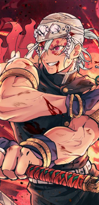 Phone wallpaper of Tengen Uzui (Demon Slayer: Kimetsu no Yaiba) — muscular Sound Hashira with jeweled headband, dual chained blades, blood-streaked and grinning against a fiery red backdrop.