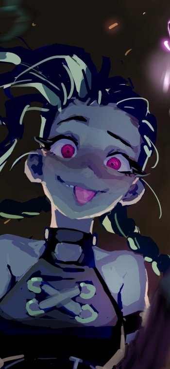 Phone wallpaper featuring Jinx from the TV show Arcane, inspired by League of Legends, with vibrant colors and dynamic, edgy artwork for iPhones and Android devices.