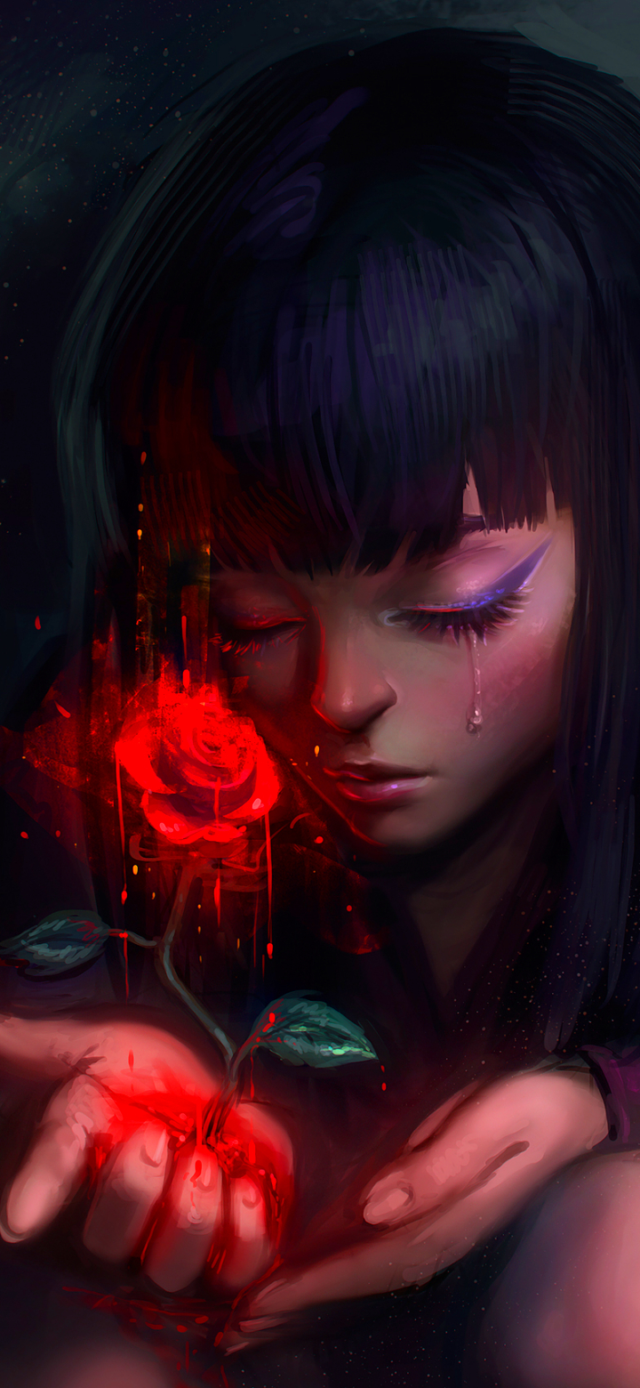 Sad Girl with Red Rose by Ayya Saparniyazova