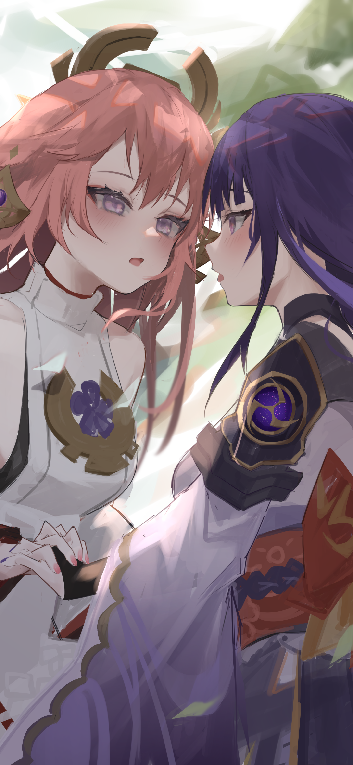 Phone wallpaper featuring Genshin Impact's Baal (Raiden Shogun) and Yae Miko Guji in a close, soft-lit anime-style portrait.