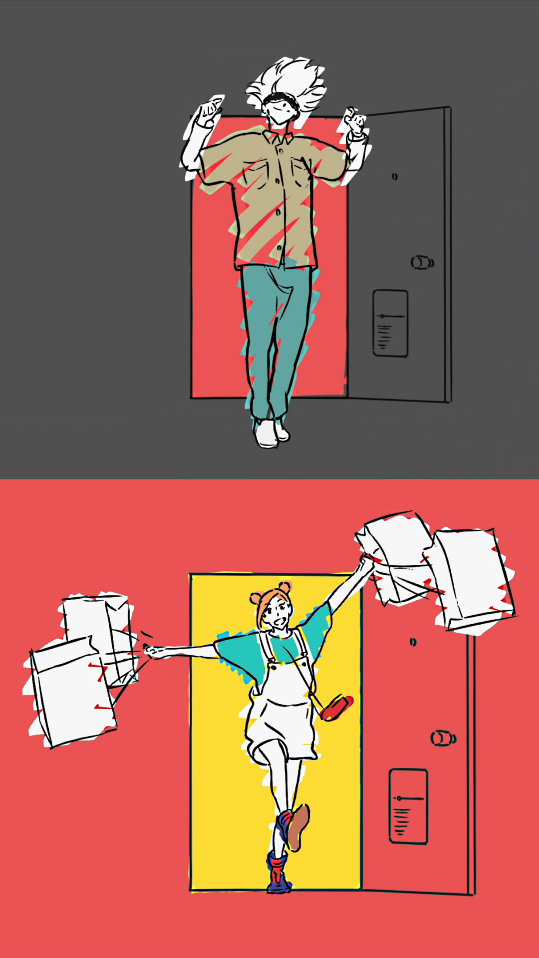 Phone wallpaper split into two panels: top shows Satoru Gojo framed by a gray and red doorway; bottom shows Nobara Kugisaki bursting through a yellow portal with shopping bags — Anime, Jujutsu Kaisen.