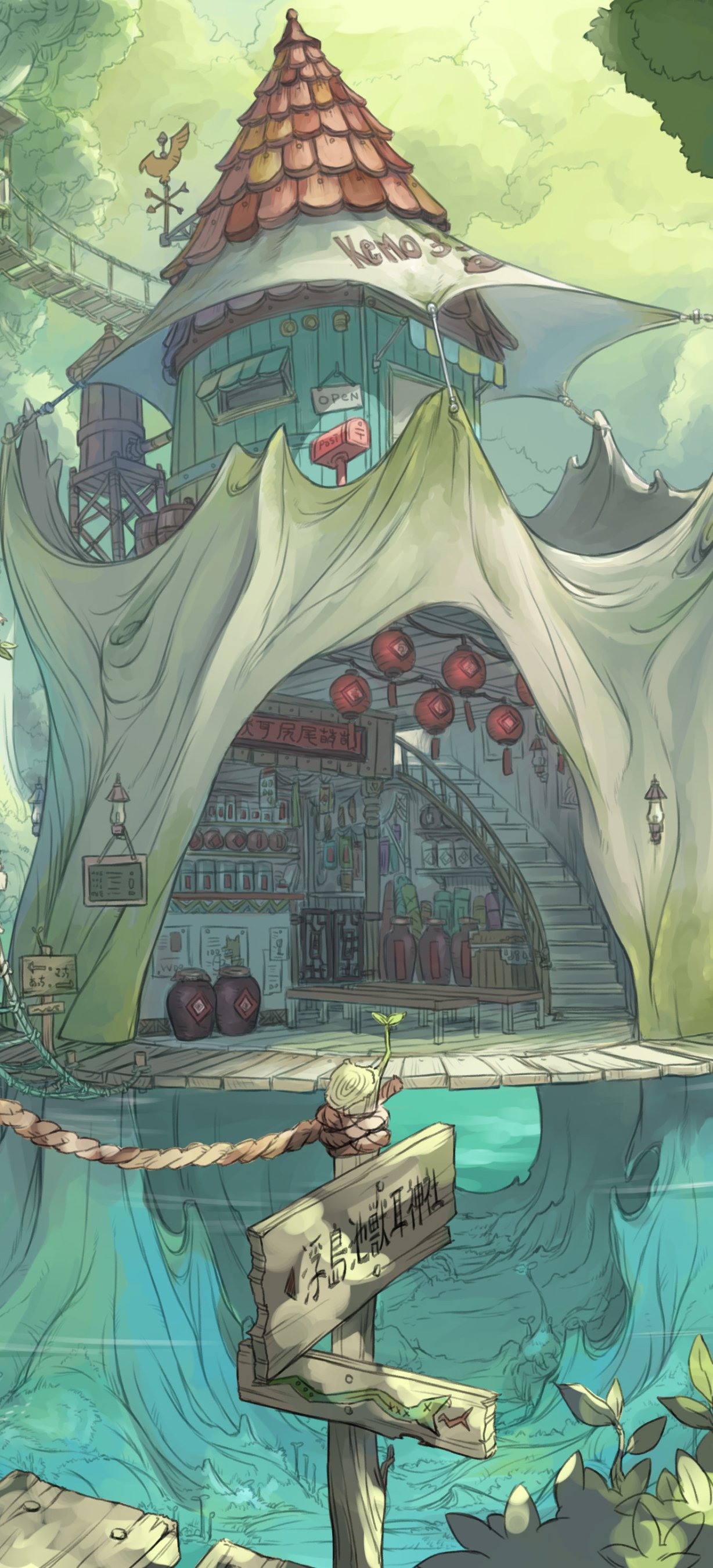 Anime-style original artwork of a whimsical treehouse shop with a tiled roof and hanging lanterns, designed as a vibrant wallpaper for iPhone and Android phones.