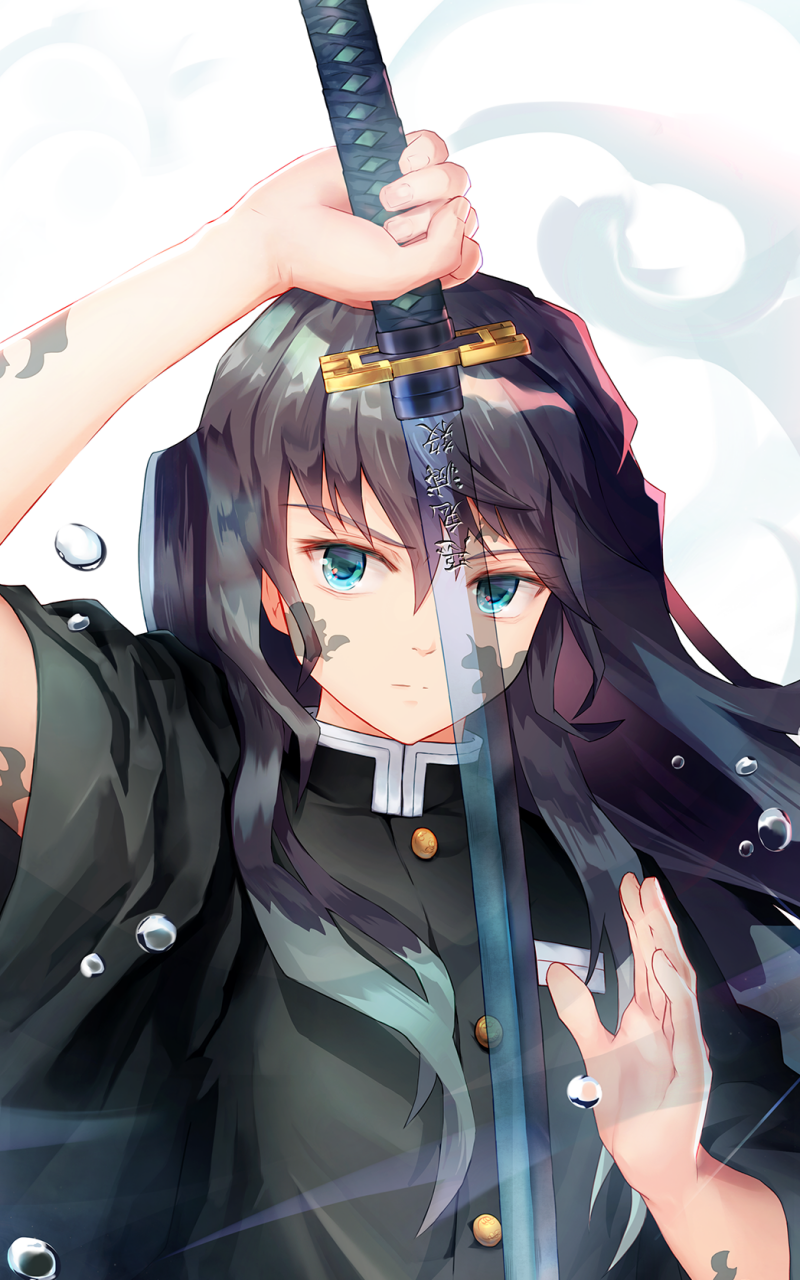 Phone wallpaper of Muichiro Tokito from Demon Slayer: Kimetsu no Yaiba — anime portrait with long dark hair, piercing blue eyes, gripping his katana as water droplets and mist swirl around him.