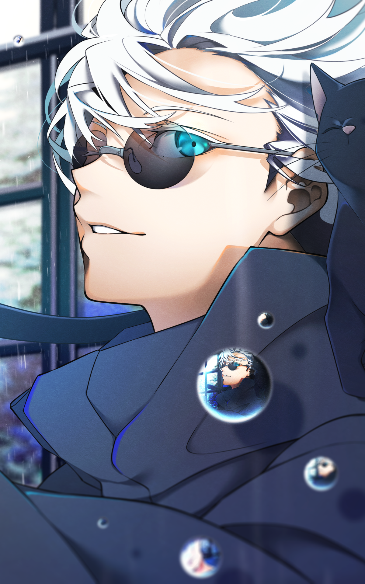 Phone wallpaper of Satoru Gojo (Jujutsu Kaisen) with white hair and dark glasses, smirking against a windowed city backdrop, reflective bubbles adding stylized detail.