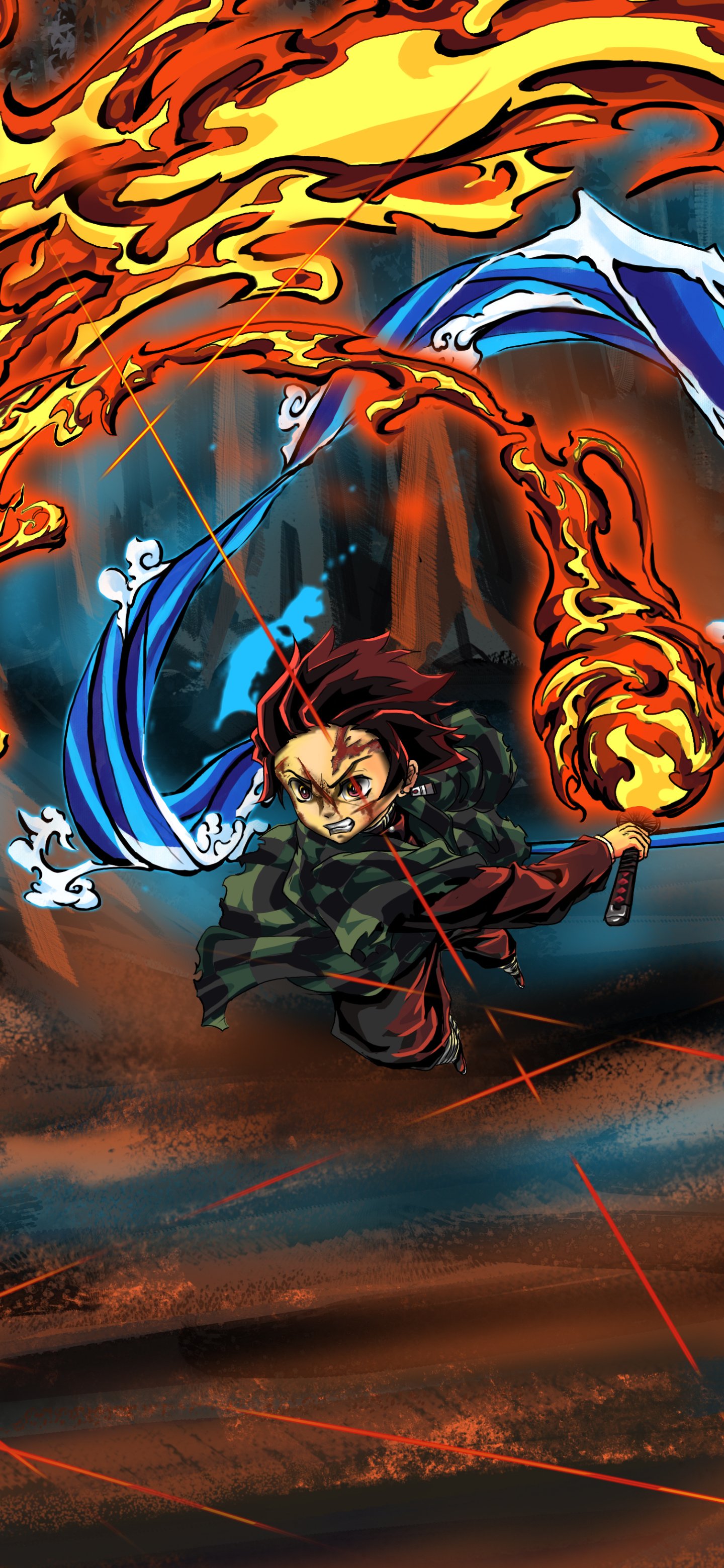 Phone wallpaper of Tanjiro Kamado from Demon Slayer: Kimetsu no Yaiba, lunging forward as swirling blue water and orange flame sword techniques surround him.