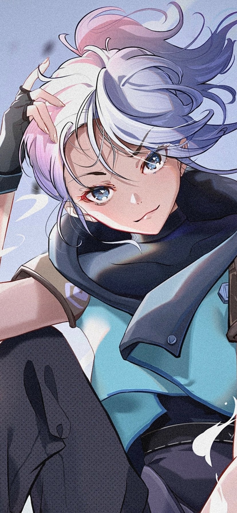 Phone wallpaper featuring Jett from the video game Valorant with dynamic pose and soft pastel colors, compatible with iPhones and Android devices.