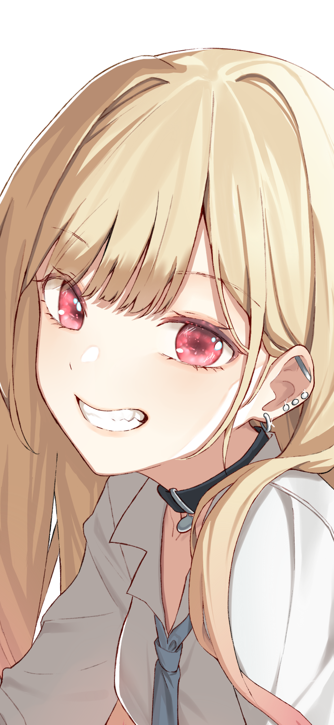 Phone wallpaper of Marin Kitagawa from My Dress-Up Darling — close-up anime portrait with blonde hair, pink eyes, playful grin, school shirt, loosened tie and choker.