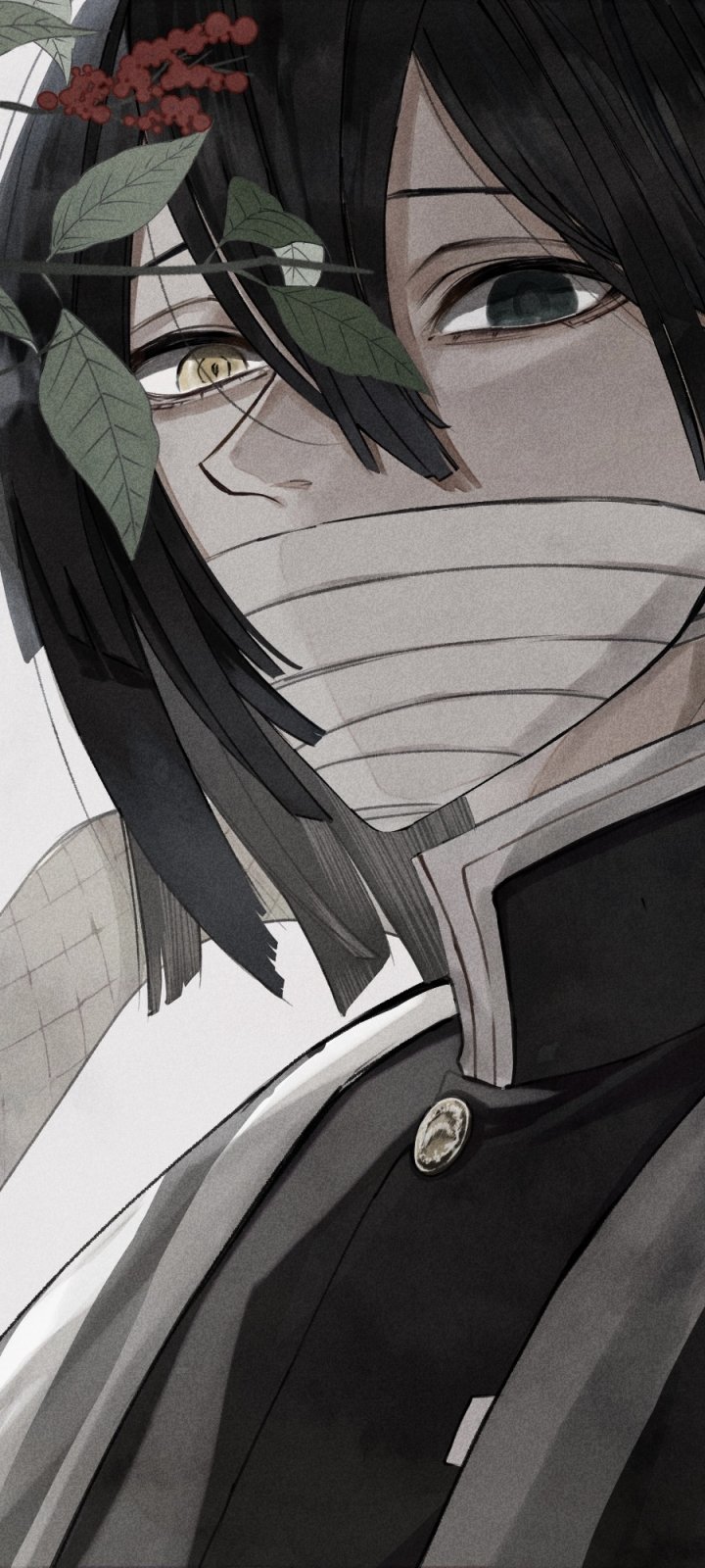 Close-up anime-style portrait of Obanai Iguro from Demon Slayer: Kimetsu no Yaiba as a phone wallpaper for iPhone and Android, featuring soft colors and detailed shading.