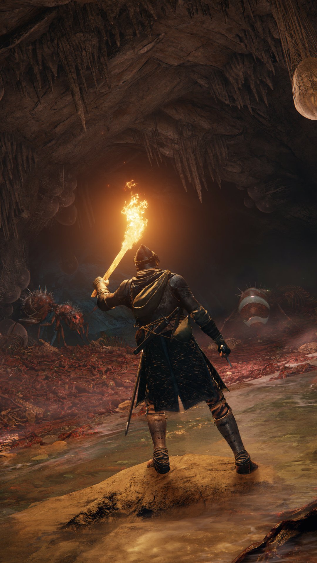Elden Ring video game phone wallpaper: lone Tarnished holds a torch in a dark cavern, facing grotesque creatures beneath dripping stalactites.