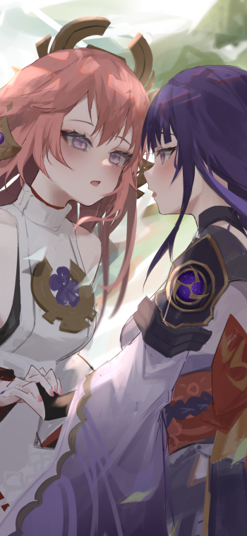 Phone wallpaper featuring Genshin Impact's Baal (Raiden Shogun) and Yae Miko Guji in a close, soft-lit anime-style portrait.