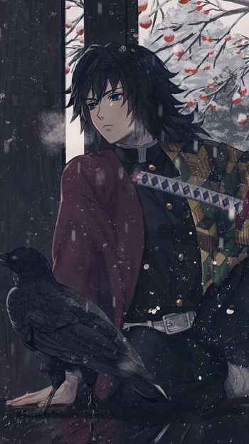 Phone wallpaper of Giyuu Tomioka from Demon Slayer: Kimetsu no Yaiba — stoic in falling snow, a raven at his side, wearing a patterned haori and holding a sheathed katana.