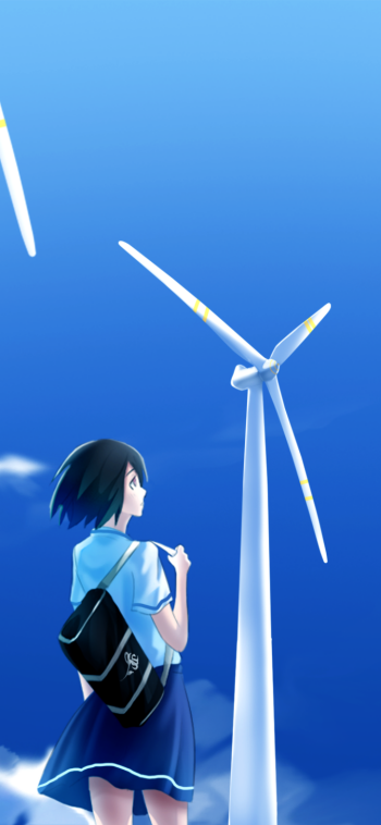Phone wallpaper of an anime girl in a school uniform gazing up at a towering wind turbine against a clear blue sky.