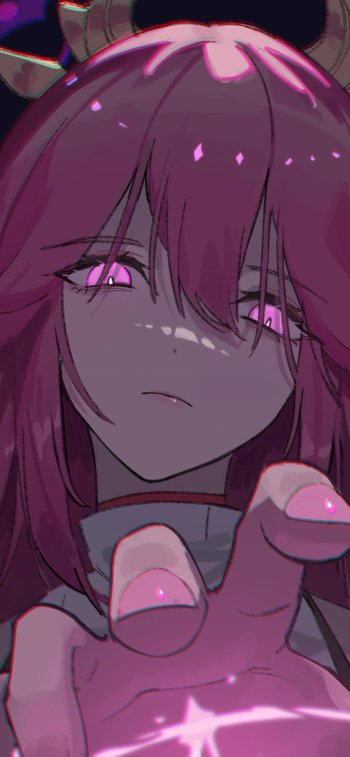 Phone wallpaper of Yae Miko Guuji (Genshin Impact): close-up with glowing pink eyes and hair, hand reaching forward surrounded by crackling pink magic — video game art.
