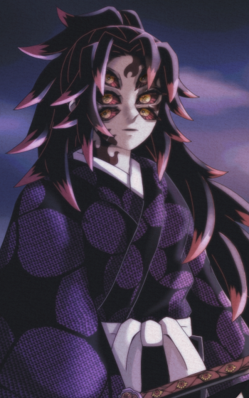 Phone wallpaper of Kokushibo (Demon Slayer: Kimetsu no Yaiba) — anime portrait of the Upper Moon demon with six golden eyes, flowing dark hair, a purple robe and katana against a twilight sky.