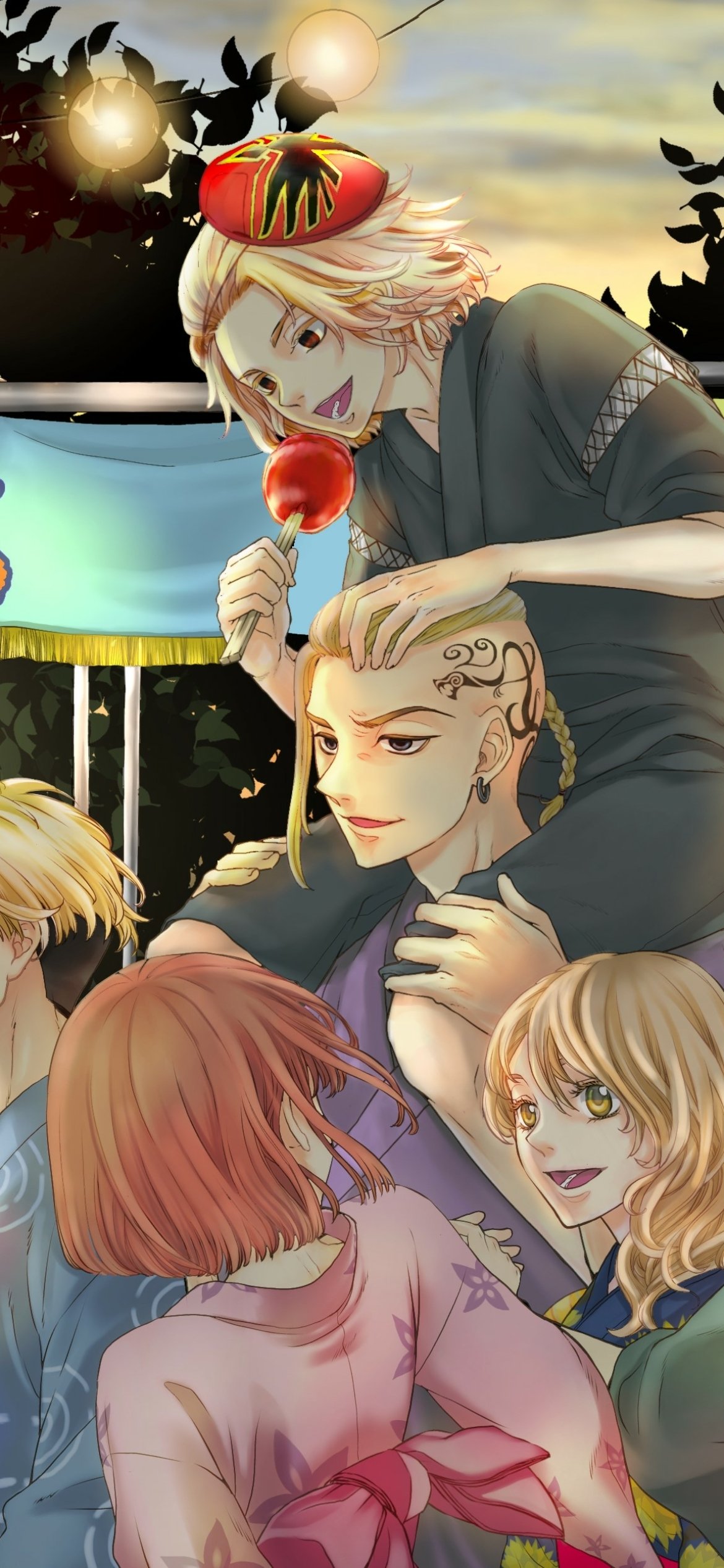 Anime-style phone wallpaper featuring Mikey and Manjiro Sano from Tokyo Revengers in a nighttime festival scene, designed for iPhone and Android displays.