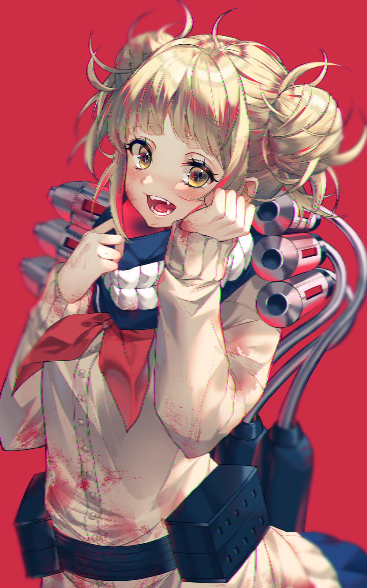 Colorful anime phone wallpaper featuring Himiko Toga from My Hero Academia with a playful expression and weaponry, designed for both iPhone and Android screens.