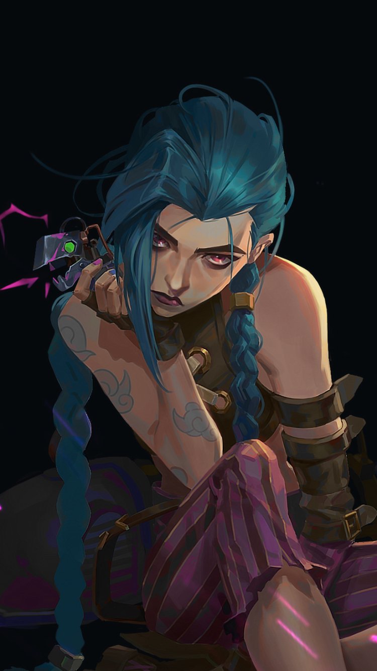 Phone wallpaper featuring Jinx from the TV show Arcane, inspired by League of Legends, with dark tones and vibrant colors, designed for iPhone and Android screens.