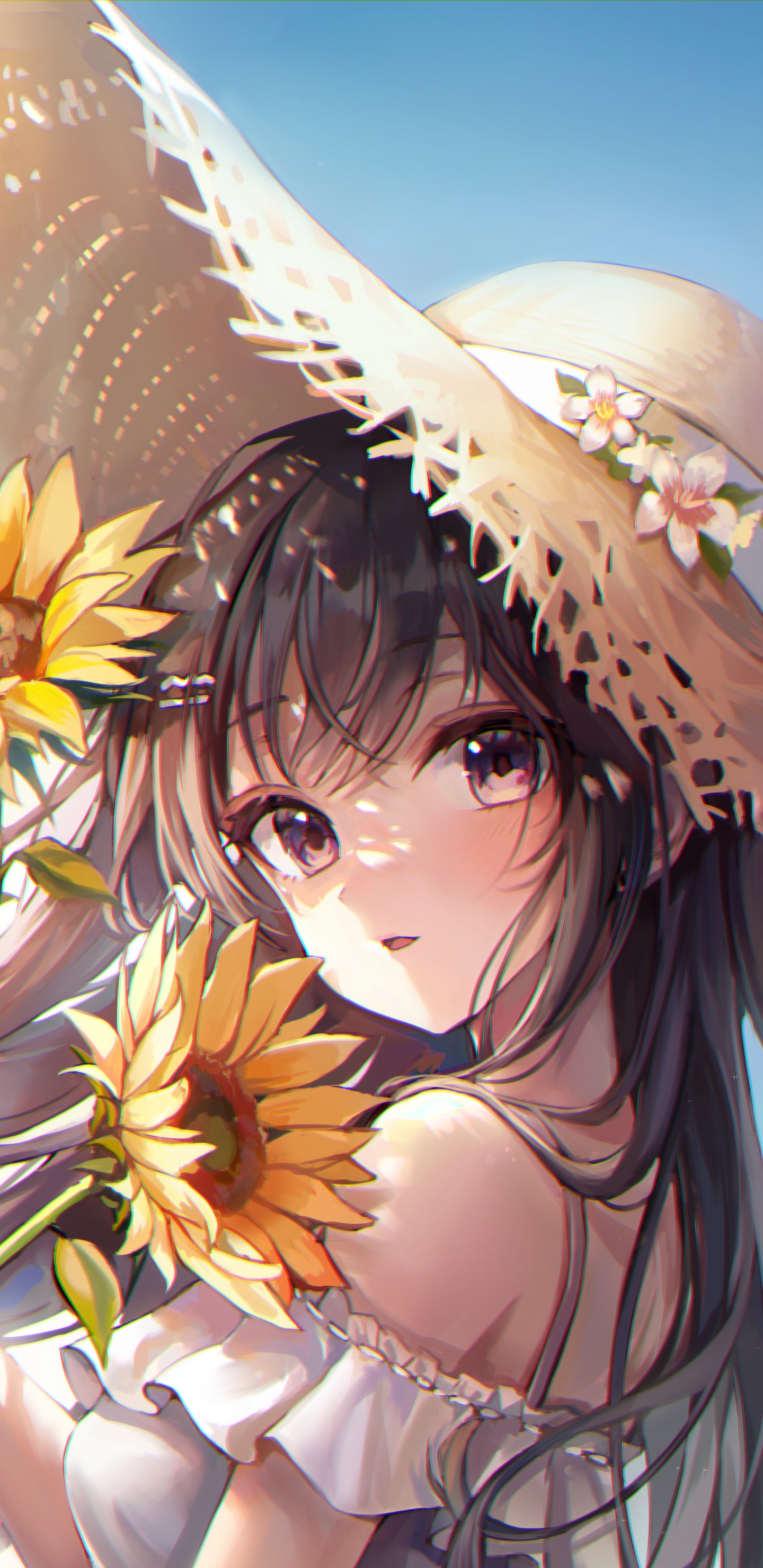 Anime girl with dark hair wearing a floral straw hat and holding sunflowers — soft summer portrait phone wallpaper compatible with iPhone and Android