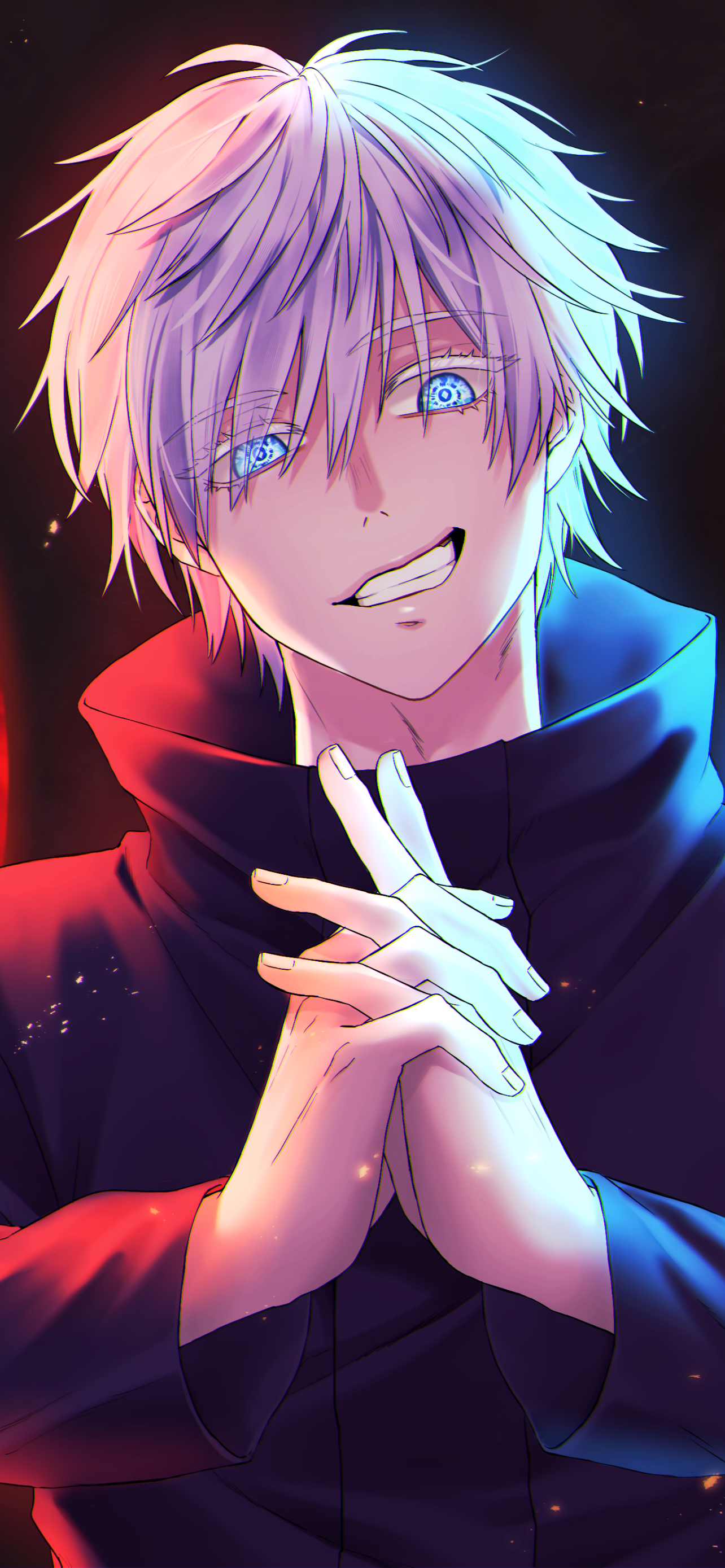 Vibrant anime wallpaper of Satoru Gojo from Jujutsu Kaisen, featuring his iconic white hair and striking blue eyes, designed for iPhone and Android screens.