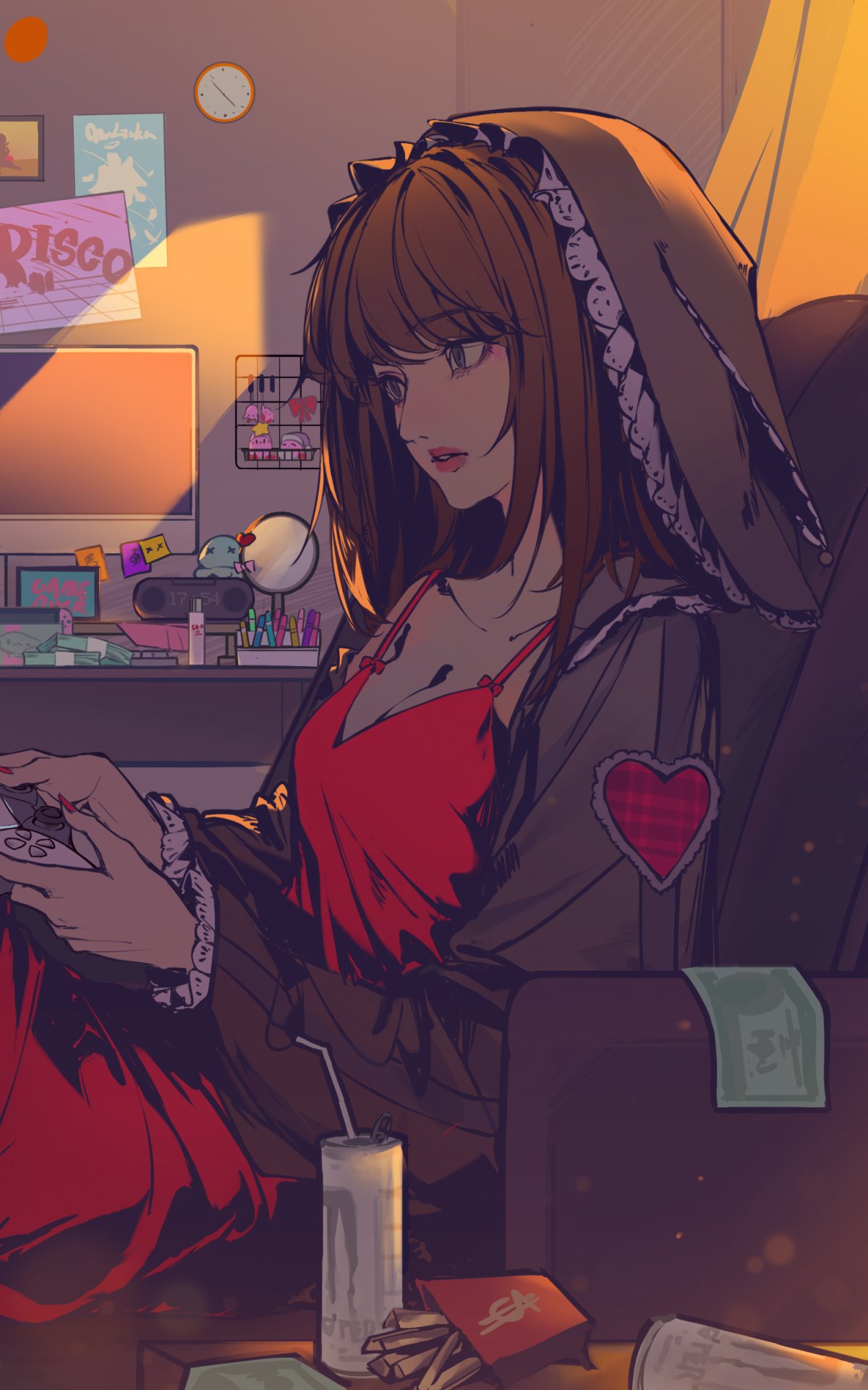 Phone wallpaper of a brown-haired anime girl in a red dress and hooded jacket, lounging on a couch with a game controller in a warm, softly lit room.