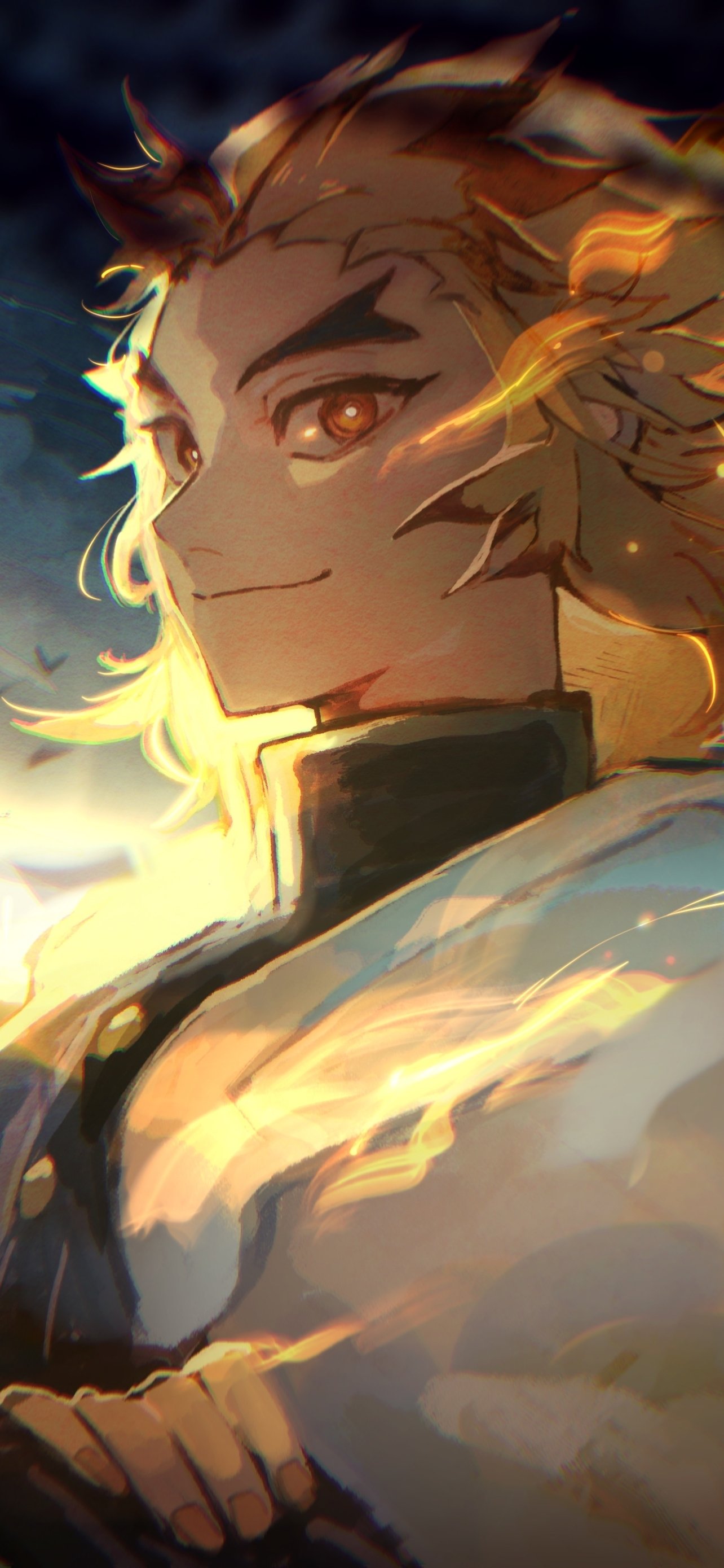 Phone wallpaper of Kyojuro Rengoku from Demon Slayer: Kimetsu no Yaiba, featuring vibrant flames and dynamic anime art for iPhone and Android devices.