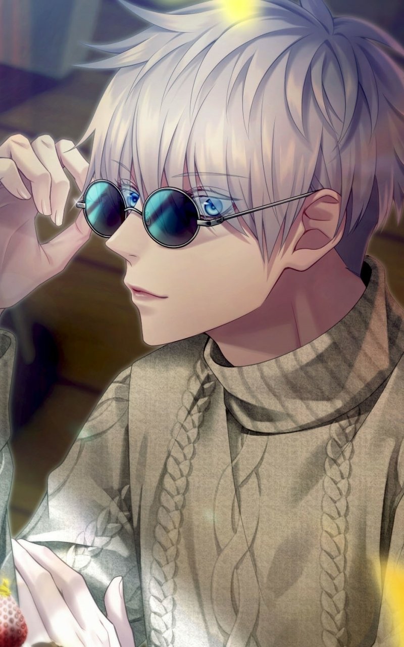 Phone wallpaper featuring Satoru Gojo from Jujutsu Kaisen wearing sunglasses and a textured sweater, designed to fit iPhone and Android screens.