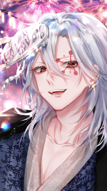 Tengen Uzui (Demon Slayer: Kimetsu no Yaiba) iPhone & Android wallpaper — silver hair, jeweled headpiece, red eye markings and a sly smile against sparkling fireworks.