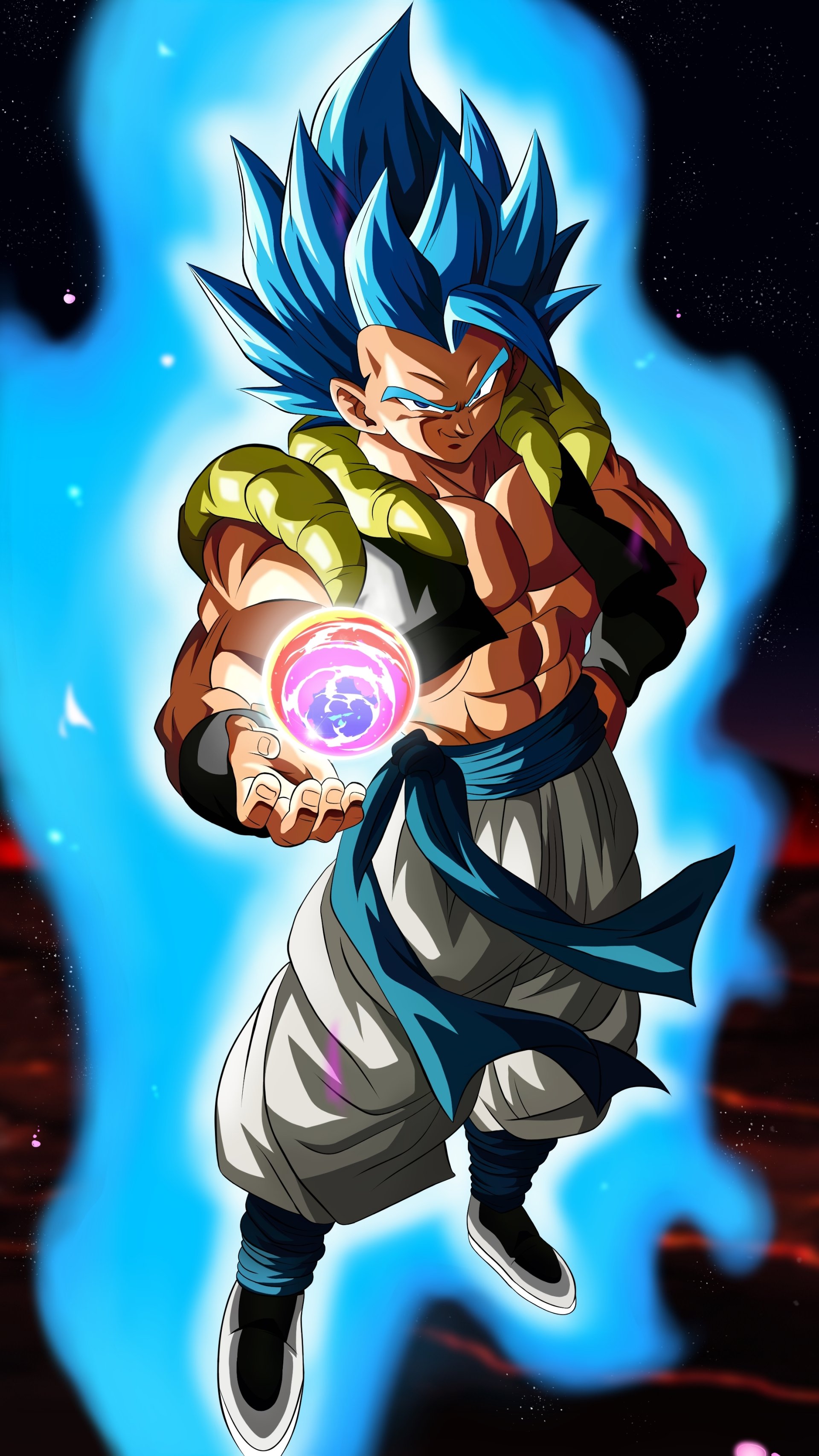 Phone wallpaper showing Dragon Ball fusion Gogeta as Super Saiyan Blue, glowing blue aura, energy sphere in hand, striking a dynamic forward battle pose.