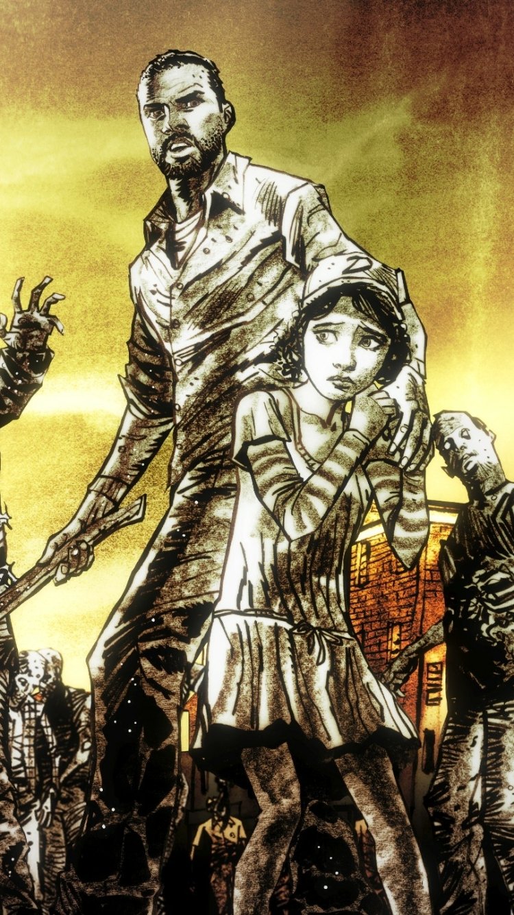 Phone wallpaper of Clementine (The Walking Dead) from the video game The Walking Dead: The Final Season, clutching a man amid a yellow-tinted, zombie-infested street.