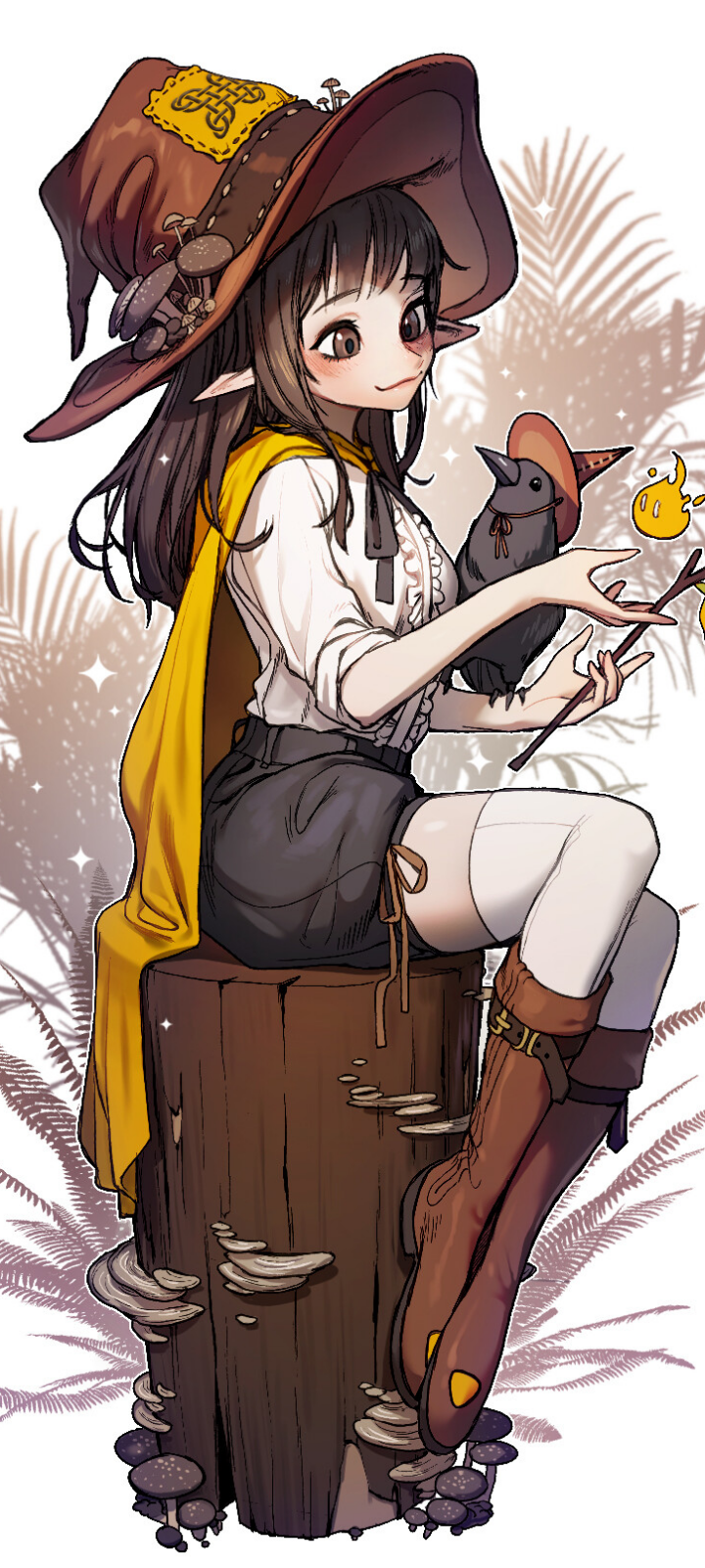Anime girl dressed as a witch with a large hat sits on a tree stump, holding a crow and a small glowing lantern, designed as a phone wallpaper for iPhones and Android.