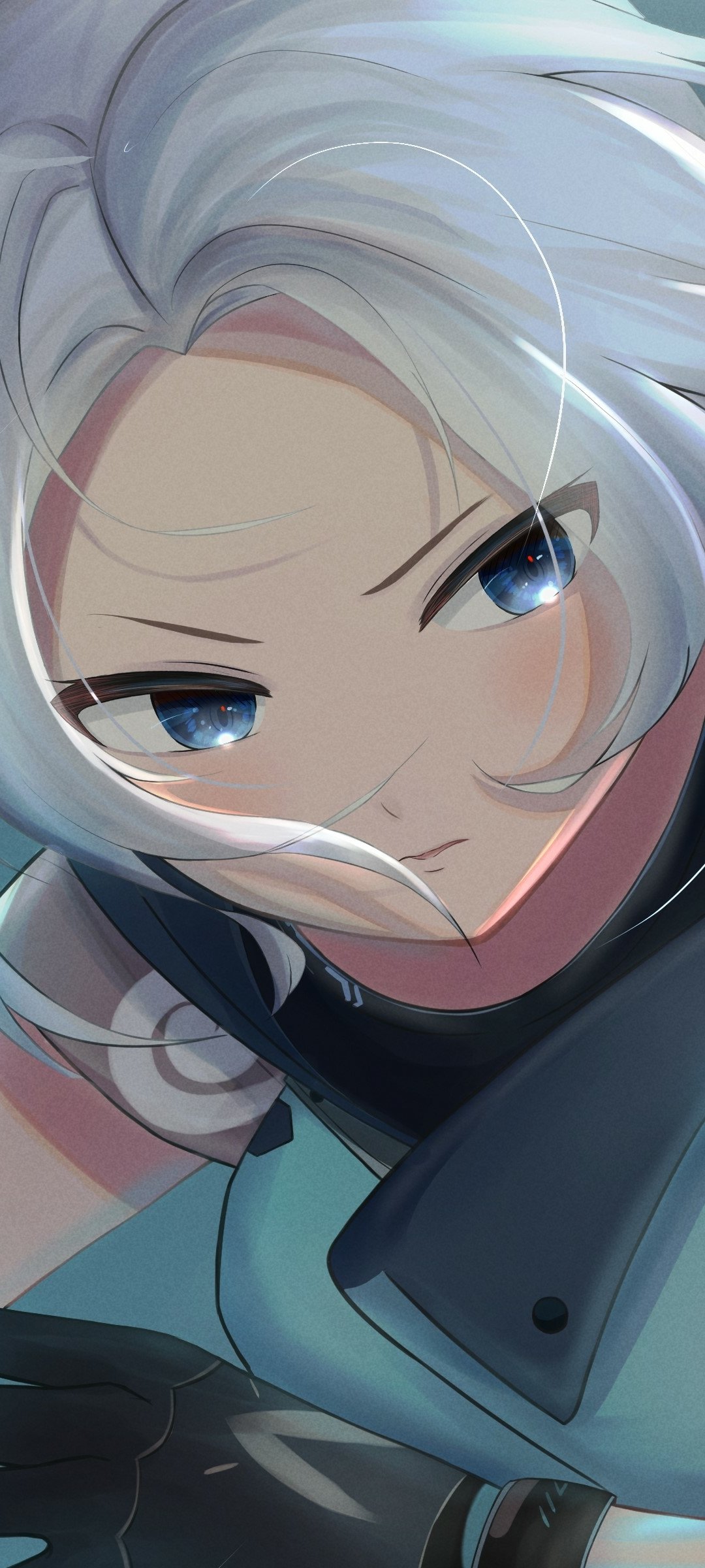Phone wallpaper of Jett (Valorant) — close-up portrait from the Valorant video game showing white hair, bright blue eyes and a confident smirk.