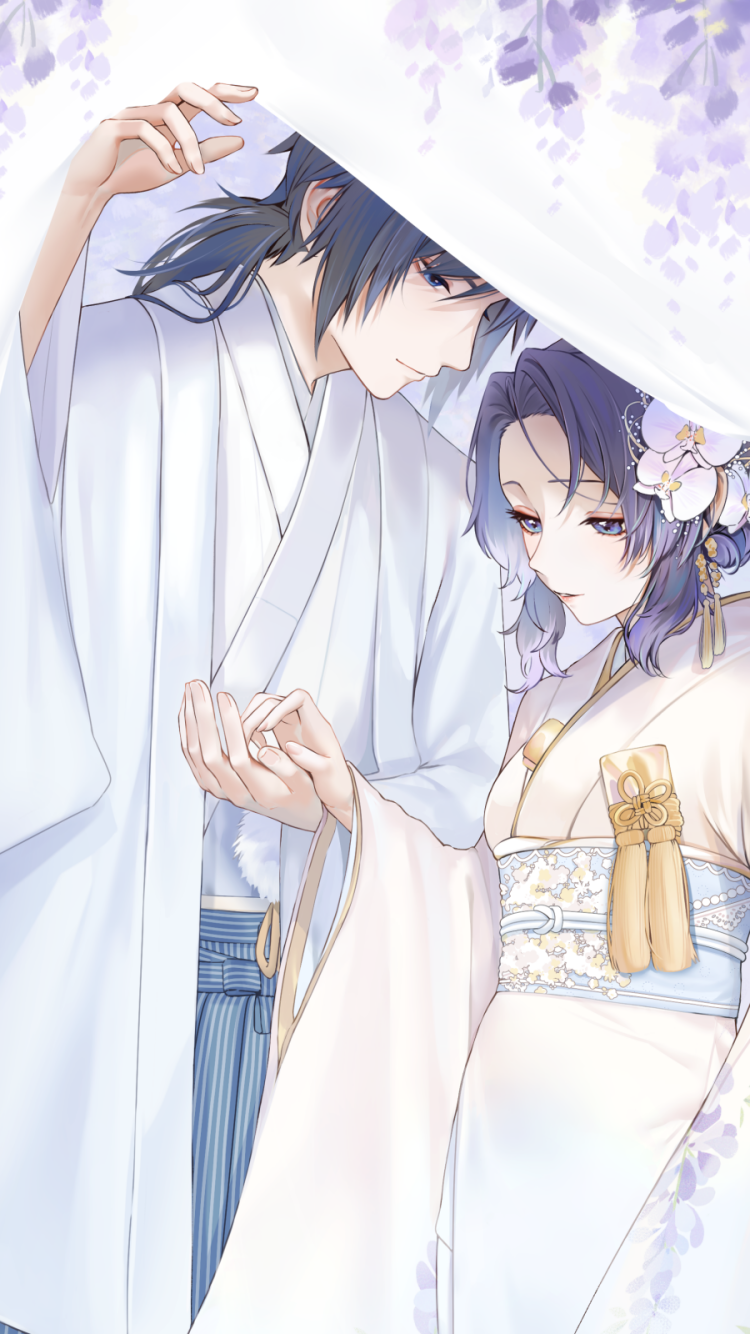 Phone wallpaper: GiyuShino — Giyuu Tomioka and Shinobu Kochou from Demon Slayer: Kimetsu no Yaiba in white kimonos beneath wisteria, sharing a gentle, intimate moment.