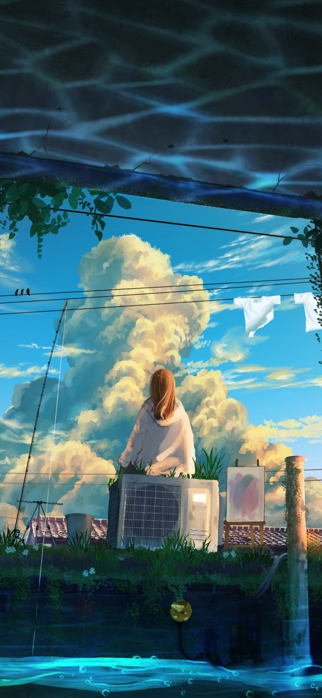 A serene anime girl sits on a rooftop surrounded by plants, gazing at towering clouds under a blue sky. This anime-style phone wallpaper fits iPhone and Android screens.