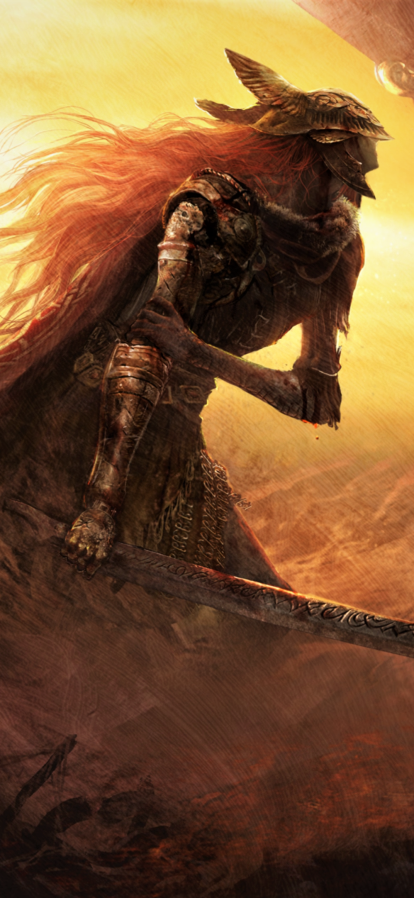 Vertical phone wallpaper of Malenia, Blade of Miquella from Elden Ring — armored warrior with flowing red hair and sword against a golden, war-torn sky (iPhone/Android).