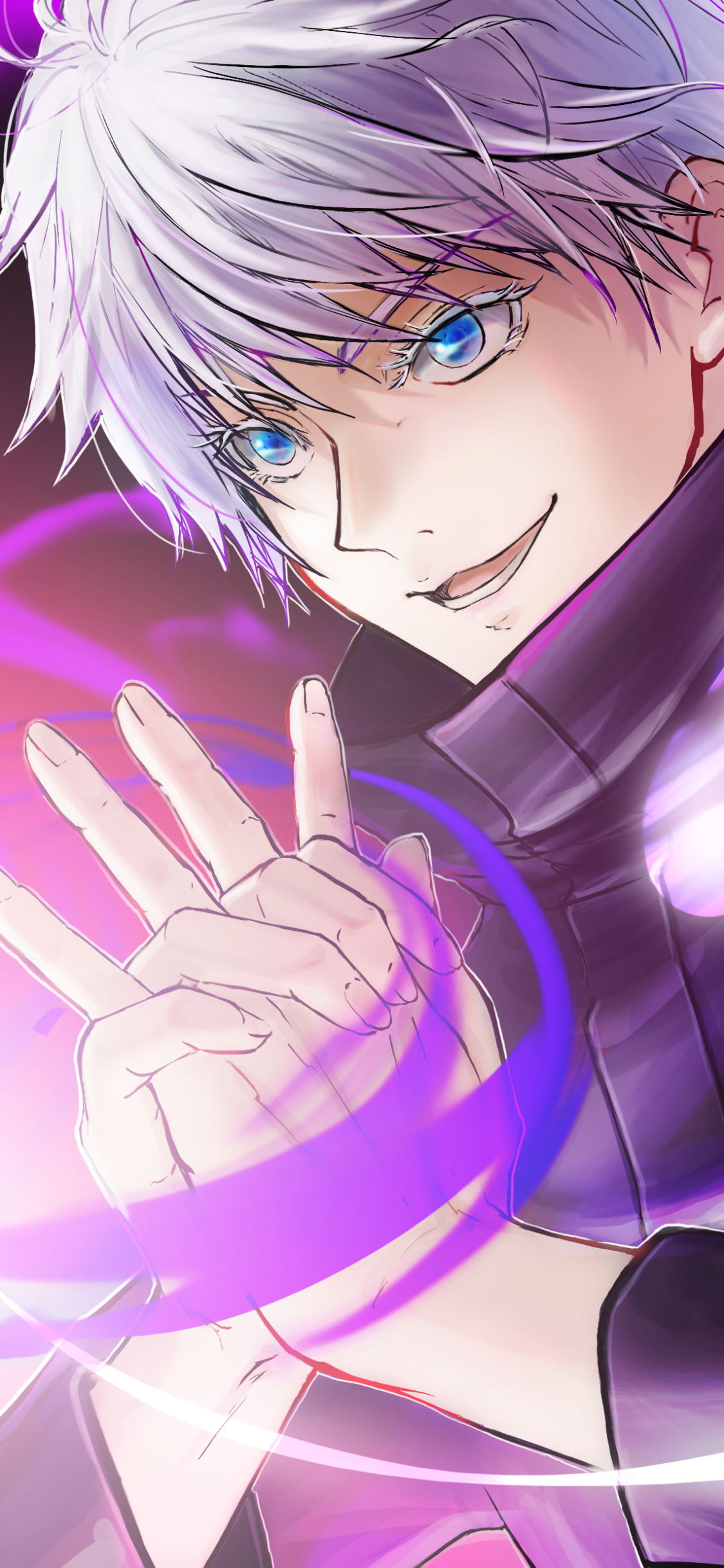 Close-up anime illustration of Satoru Gojo from Jujutsu Kaisen with glowing purple energy, designed as a vibrant phone wallpaper for iPhone and Android devices.