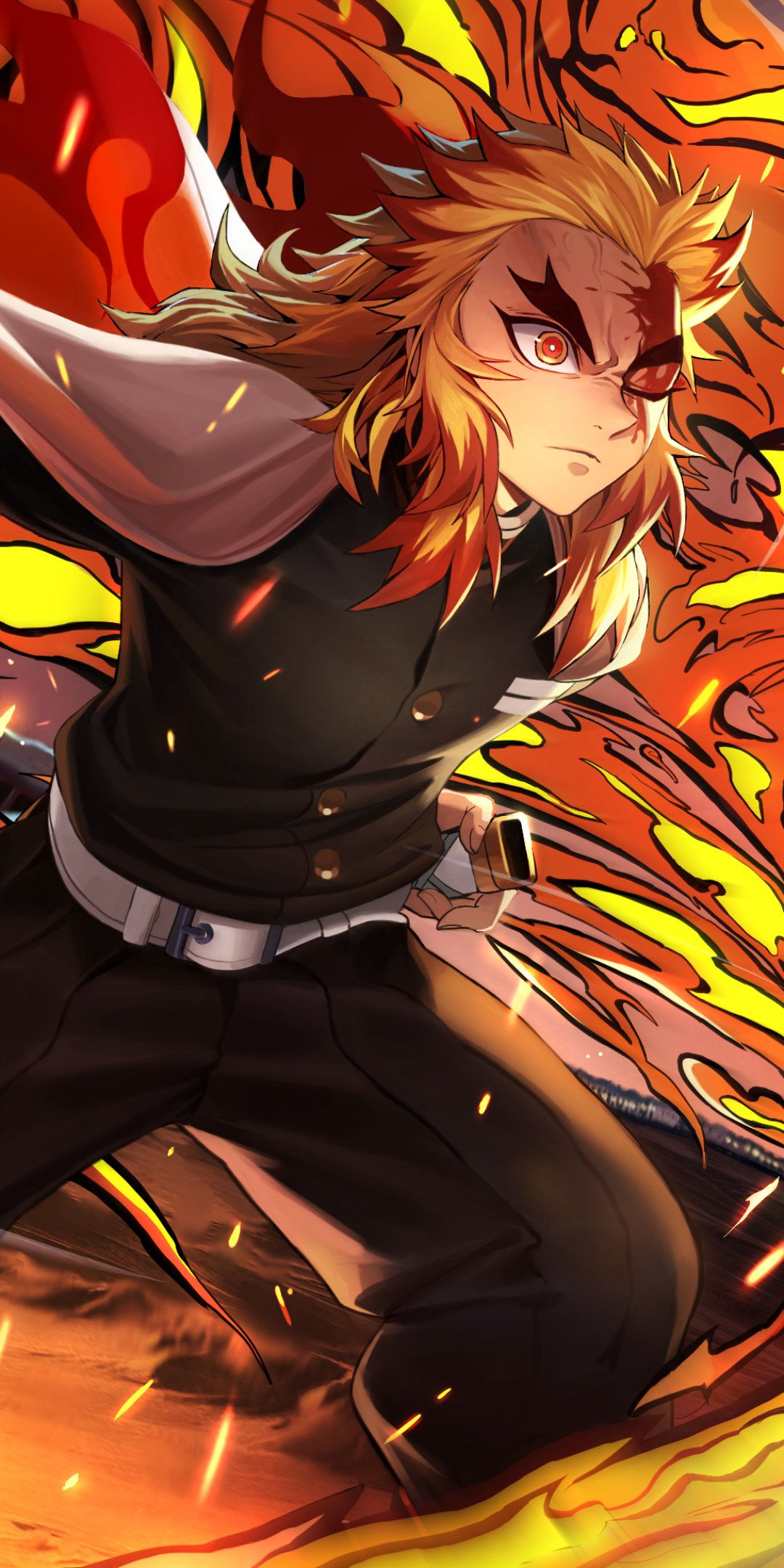 Phone wallpaper of Kyojuro Rengoku from the anime Demon Slayer: Kimetsu no Yaiba — The Movie: Mugen Train, striking a fiery pose with flowing hair and blazing flames.