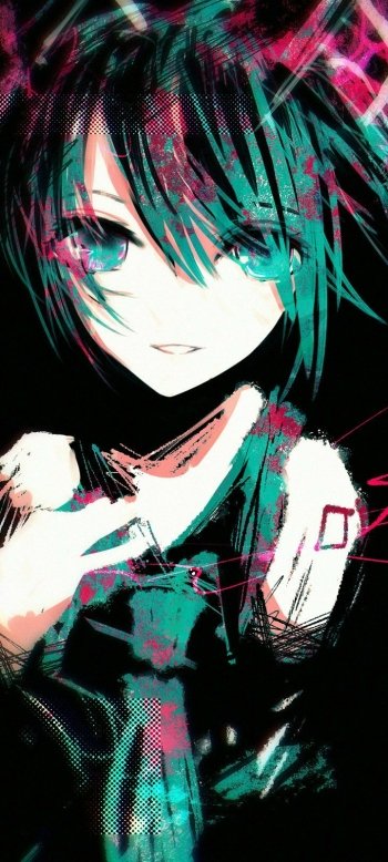 Anime phone wallpaper of Hatsune Miku (Vocaloid): stylized portrait with teal hair, neon teal-pink glitch strokes and intense teal eyes on a dark background.