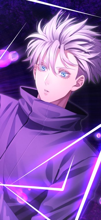 Phone wallpaper featuring Satoru Gojo (Anime, Jujutsu Kaisen): stylized portrait with spiky white hair, bright blue eyes, purple jacket and neon purple geometric light accents.