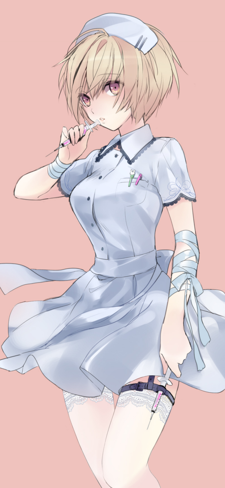 Vertical phone wallpaper of an anime nurse girl: short blonde hair, pink eyes, white nurse dress and cap, bandaged arm, thigh garter and ribbons against a pastel pink background.