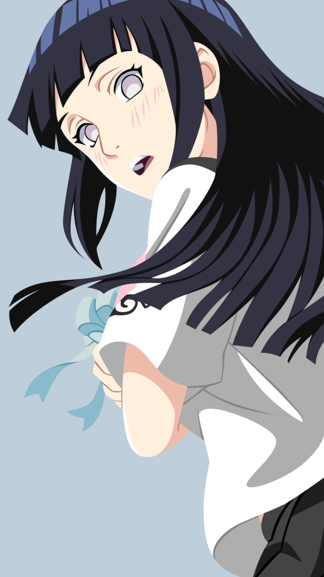 Anime-style wallpaper featuring Hinata Hyuga from Naruto with flowing dark hair, soft blush, and a light blue background, designed for iPhone and Android screens.