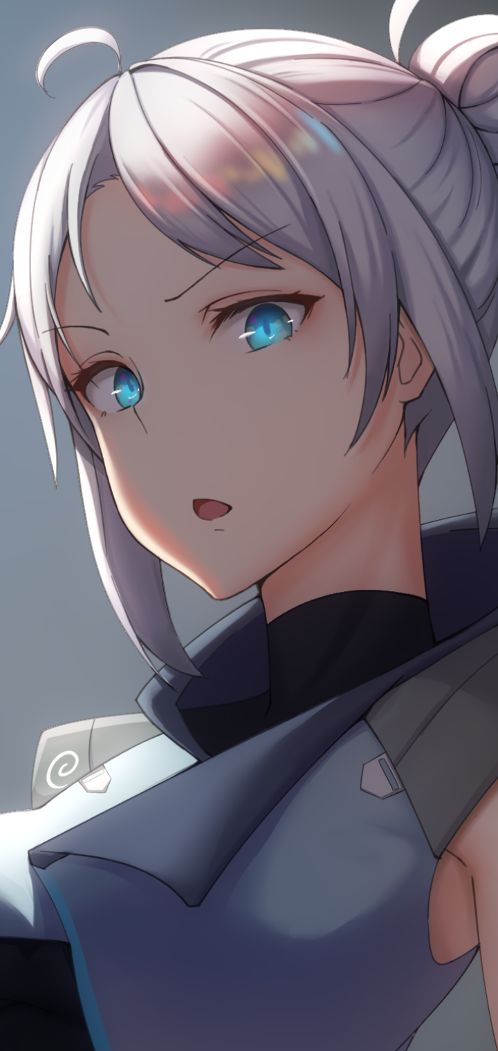 Phone wallpaper of Jett from the Valorant video game — close-up portrait with silver hair in twin buns, glowing cyan eyes, cool lighting, and a calm, focused expression.