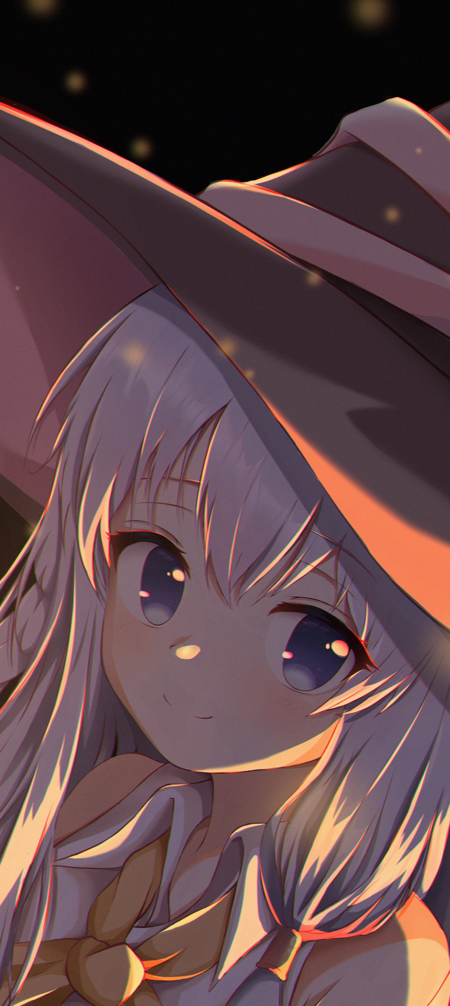 Phone anime wallpaper portrait of Elaina (Wandering Witch: The Journey of Elaina), close-up of her face under a large witch hat, warm highlights and violet eyes, calm expression.