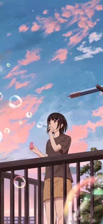 Vertical phone wallpaper of an anime girl blowing bubbles on a balcony under a pastel sunset sky, made for iPhone and Android.