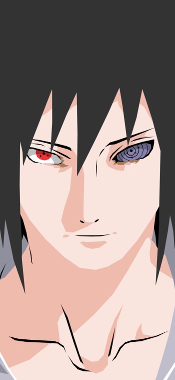 Phone wallpaper of Sasuke Uchiha from Naruto anime: close-up minimalist portrait with black hair and contrasting red Sharingan and purple Rinnegan eyes.