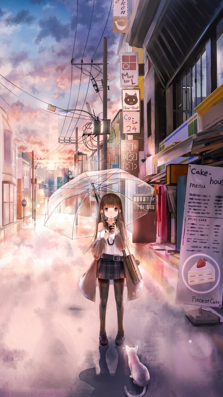 Anime phone wallpaper of an anime girl standing under a clear umbrella on a dreamy sunset street, a cat at her feet, with cafes, signs and power lines fading into the sky.