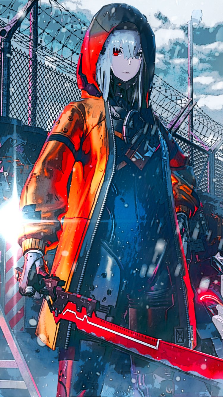 Phone wallpaper of an anime girl: a woman warrior in a hooded orange jacket, red-eyed and holding a glowing red sword, standing before a snow-dusted chain-link fence and cloudy sky.